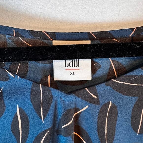 Y2K CAbi Leaf Print Flare Sleeve Blouse XL Blue Peach Sheer Workwear - Picture 5 of 6